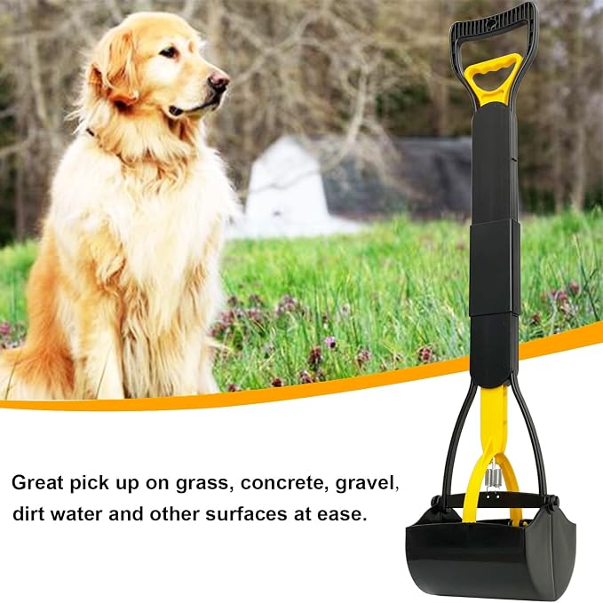 ienjoyed 32“ Tall Pooper Scooper, Large Pooper Scooper for Dogs Heavy Duty, Dog Pooper Scooper with Long Handle & High Strength Durable Spring, Foldable Dog Poop Pick Up, Yellow