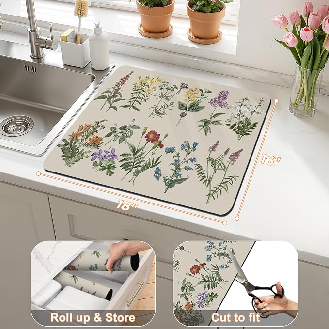 LOKHOM Dish Drying Mat for Kitchen Counter, 16"x18" Absorbent Coffee Bar Mat with Vintage Sage Flower Herbs, Dish Drainer Rack Mat for Kitchen Counter