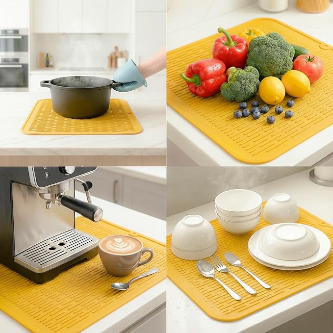 MicoYang Silicone Dish Drying Mat for Multiple Usage,Easy clean,Eco-friendly,Heat-resistant Silicone Mat for Kitchen Counter or Sink,Refrigerator or Drawer Liner Yellow XL 18 inches x 16 inches