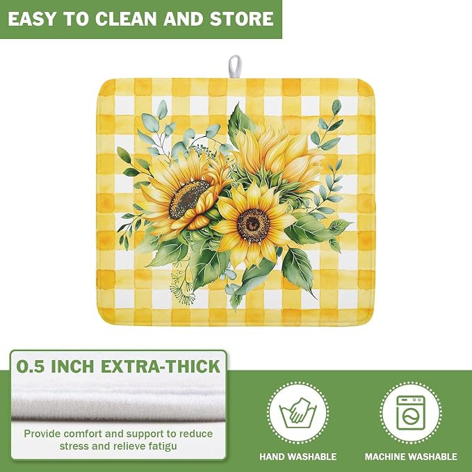 Sunflower Dish Drying Mat 16x18 Inch Absorbent Reversible Summer Sunflower Drying Mat Summer Plaid Dish Drying Rack Mat Yellow Summer Themed Dish Drainer Mat for Kitchen Counter Coffee Bar