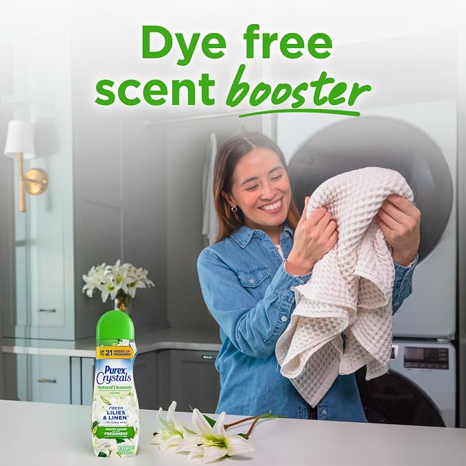 Purex Crystals In-Wash Scent Booster, Natural Elements, Fresh Lilies & Linen, 21 oz (Pack of 4), Long-Lasting Freshness & Odor Elimination Technology