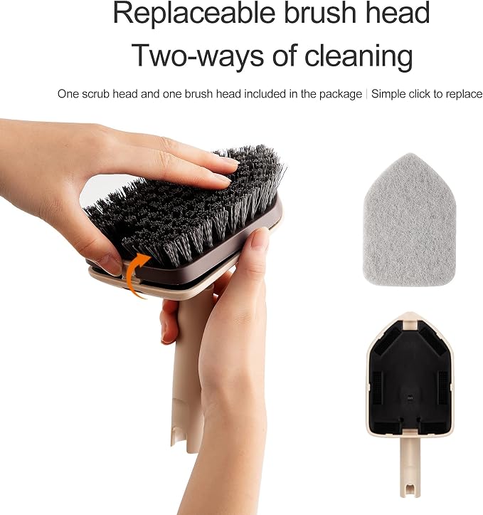 Eyliden Shower Scrubber with Long Handle, 2 Type Head, Tile Tub Scrub Brush | 49" Handle, 2 Different Function Cleaning - 1 Stiff Bristle + 2 Non-Scratch Pads, for Bathroom Grout Sink Glass Kitchen Floor