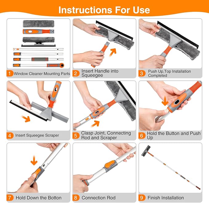 LOMIDA 2-in-1 Window Squeegee Cleaner with 62" Window Cleaning Tool Kit with Extension Pole, Bendable Head for Extra Force, Window Washing Equipment Car/Glass/Shower (2 Fiber Pads)