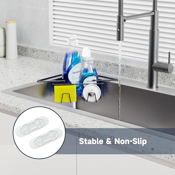 NiHome Extendable Arm Stainless Steel Kitchen Sink Corner Caddy, Easy Install Space-Saving Adjustable Sponge Holder, Non-Slip Rust-Resistant for Brushes, Soap, Sponges (Black)
