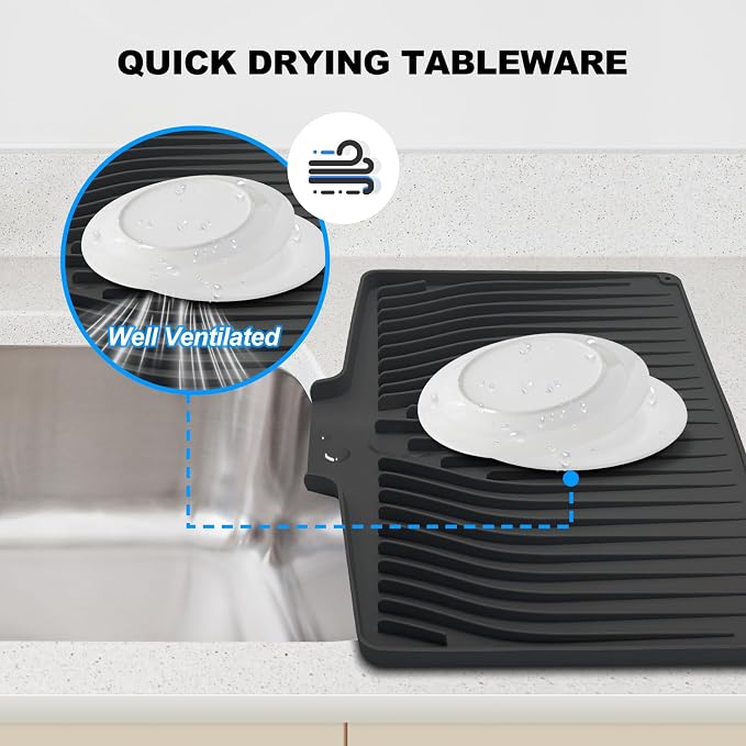 Silicone Dish Drying Mat for Kitchen Countertops and Sinks,19 x13.7 Inch Non Slip Heat Resistant Mat with Built In Drainage System,For Refrigerator and Drawer Liners (black, 19 x13.7 Inch)