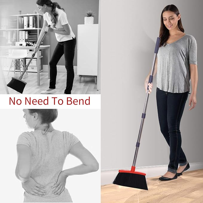 Broom and Dustpan Set 52-in Long Adjustable Handle Broom Dustpan Combo | Upright Dustpan with Teeth to Automatically Clean Hair, Suitable for Home Kitchen Office Hall Floor Lobby(Purple&Red)