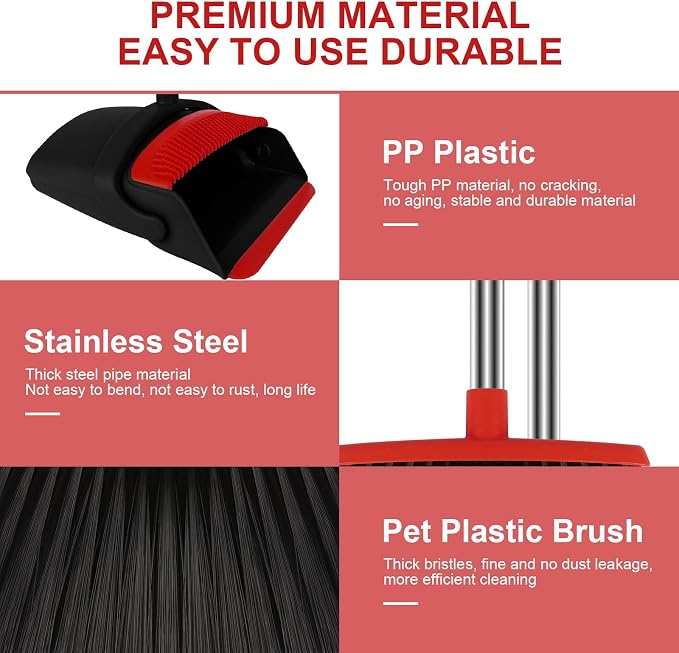 Red Broom and Dustpan Combo Set, 51" Long Handle Broom | Built-in Comb Dustpan for Pet Hair Removal, Foldable Upright Storage Design