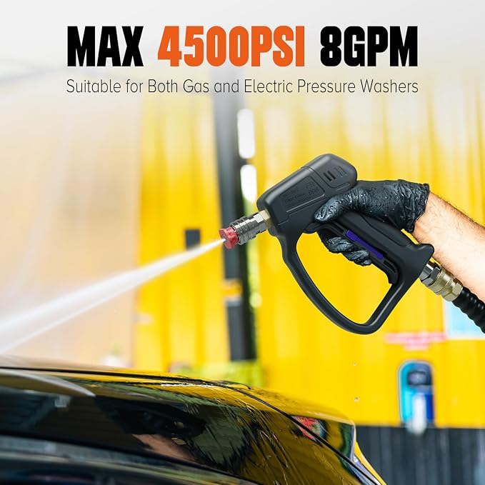 Short Pressure Washer Gun with 360°Swivel, 4000 PIS Power Washer Gun | Stubby High Pressure Washer Gun, 3/8" Male Plug, 1/4" Quick Connect, 5 Spray Nozzle, Car Wash Gun for Foam Cannon