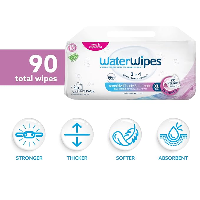 WaterWipes Sensitive Whole Body Cleansing Wipes, 99.9% Purified Water, XL Textured Wipes, Incontinence Care, Fragrance Free, 90 Count