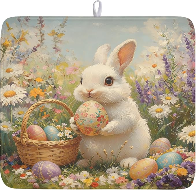 Easter Bunny Eggs Dish Drying Mat for Kitchen Counter 16 x 18 Inch Rabbit Floral Dish Drainer Mat Absorbent Microfiber Dish Rack Pad for Spring Holiday Coffee Dining Bar Decor