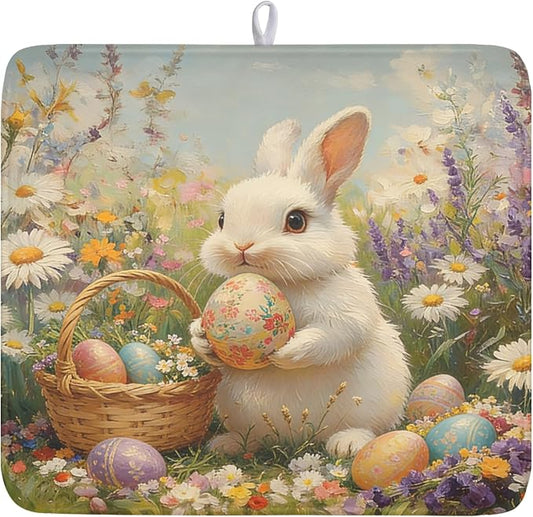 Easter Bunny Eggs Dish Drying Mat for Kitchen Counter 16 x 18 Inch Rabbit Floral Dish Drainer Mat Absorbent Microfiber Dish Rack Pad for Spring Holiday Coffee Dining Bar Decor