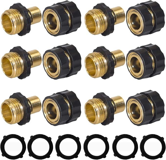Hourleey Garden Hose Quick Connector, 3/4 Inch Male and Female Garden Hose Fitting Quick Connector, 6 Set