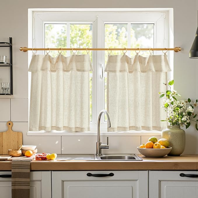 jinchan Linen Tier Kitchen Curtains, 30x24, 2 Panels, Natural | Light filtering, rod pocket, farmhouse, small window decor, cafe style, machine washable, bathroom, laundry room, RV