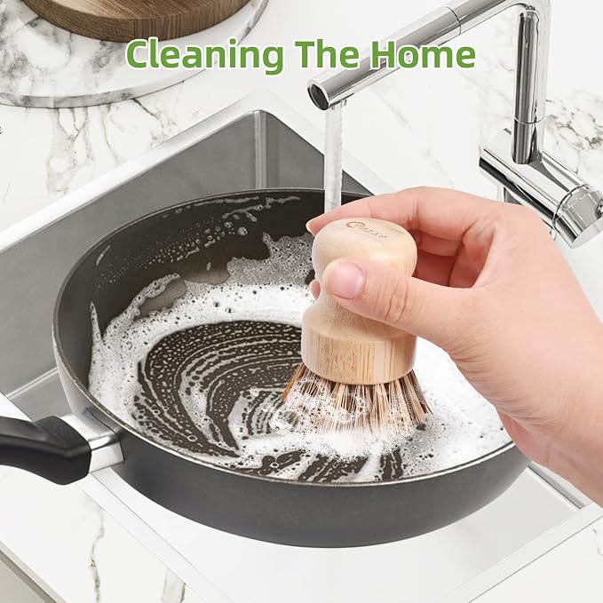 6 Packs Bamboo Dish Scrubber - Hard Bristle Natural Bristle Brush Union Fiber and Tampico Fiber Bamboo Dish Brush for Washing Cast Iron Pan/Pot