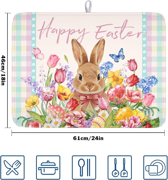Easter Bunny Dish Drying Mat for Kitchen Counter Happy Easter Rabbit Floral Colorful Buffalo Plaid Microfiber Dish Drainer Mat Absorbent Washable Drying Pad Extra Large 18"x24"