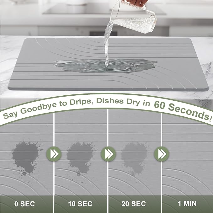 Large Stone Drying Mat for Kitchen Counter, 24" × 16" Diatomite Dish Drying Mat, Quick Dry Stone Mats, Ultra Absorbent Natural Diatomaceous Earth Mats for Dished, Bottles, Dark Grey
