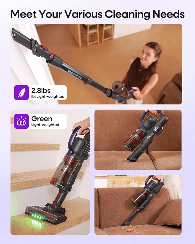 AlloyMove Cordless Vacuum Cleaner 45KPA, Up to 60mins Runtime Lightweight Powerful Suction Vacuum Cleaners for Home, 3 Suction Modes, Rechargeable Stick Vacuum for All Floor/Carpet/Pet Hair/Car, A03