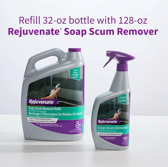 Rejuvenate Soap Scum Remover, 24 Ounces, Easily Dissolves Soap Scum Without Scrubbing | Gentle For Daily Use, Non-Bleach Formula is Safe on Glass Showers, Ceramic Tile, Chrome & More, Safe For Pets & Kids