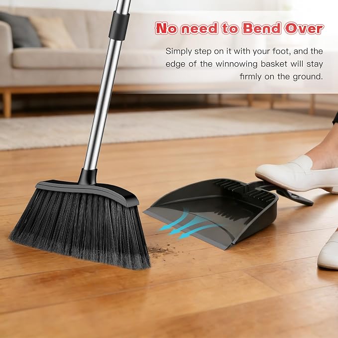 Broom and Step-on Dustpan Set, 59-in Adjustable Long Handle Broom with Dustpan Combo Set Outdoor Angle Broom for Sweeping Indoor Dust Pet Hair for Cleaning Kitchen Garage Deck Patio, Black