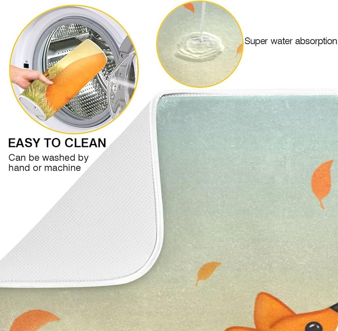 Absorbent Dish Drying Mat for Kitchen Counter - Cute Fox Microfiber Drying Pad, Reversible Drainer Mats for Countertop, Lager 18 x 24 inch