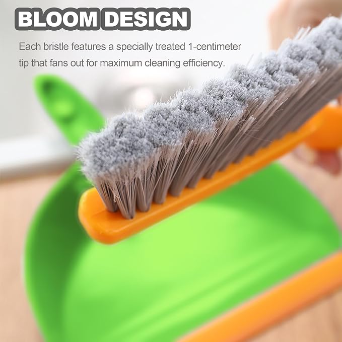 Mini Broom with Dustpan Combo Set Small Dust pan and Brush Set Quick Cleanup Debris Dust for Floor Countertop Worktop Desk Pet Cage (Green+Orange)