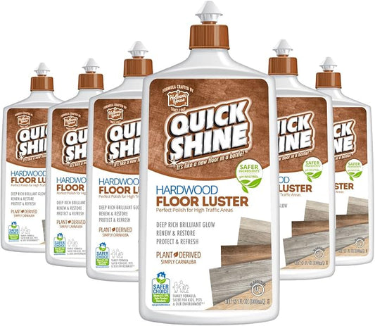 Quick Shine Hardwood Floor Luster 27 oz-6 Pk, Natural Looking Shine | Plant Derived Carnauba Polish, Renew & Protect, Streak & Haze Free, Non-slip, pH Neutral, No PFAS, EPA Safer Choice