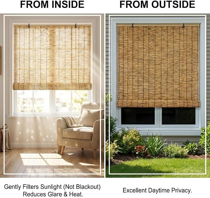 Bamboo Roman Shades for Windows, Roll Up Blinds for Indoor & Outdoor Patio, Natural Reed Light Filtering Sun Shade for Porch, Matchstick Window Treatments, 36 46 60 96 H(Natural,34" W x 60" H)