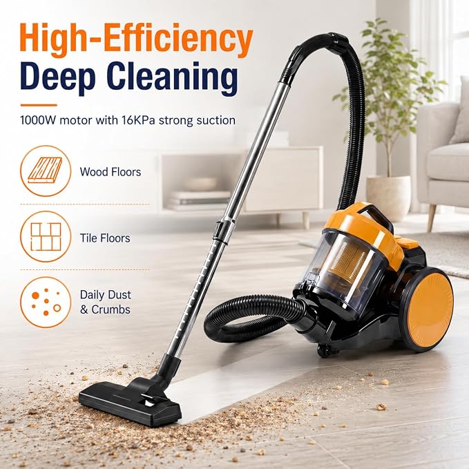Simple Deluxe Household Portable 16.4Ft Vacuum Cleaner, 16Kpa Bagless Canister Cleaner, Lightweight Powerful Vacuum for Carpets and Hard Floors, with Washable HEPA Filter, Yellow