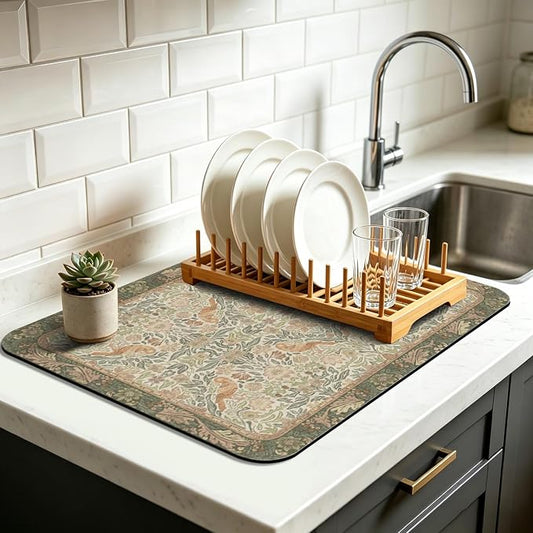 Vintage Floral Dish Drying Mat 16x18 Inch, Dish Mat Drying Kitchen Mats for Extra Large Absorbent Countertop, Aesthetic Boho Drying Matt Kitchen Counter Washable Heat Resistant Dish Drainer Rack Mat