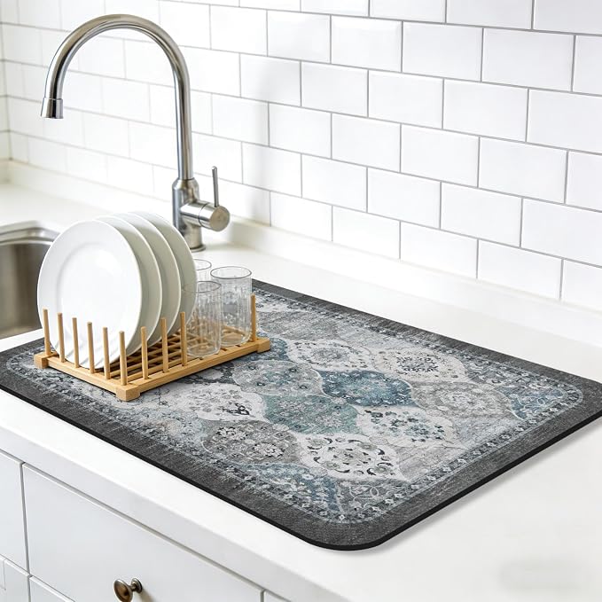 Dish Drying Mat, Vintage Rustic Boho Kitchen Dishes Absorbent Pad, 16x18in | Eco-friendly diatomite with non-slip rubber backing. Super absorbent mat for kitchen counters, coffee bars & sinks