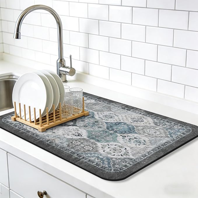Dish Drying Mat, Vintage Rustic Boho Kitchen Dishes Absorbent Pad, 17x32in | Eco-friendly diatomite with non-slip rubber backing. Super absorbent mat for kitchen counters, coffee bars & sinks