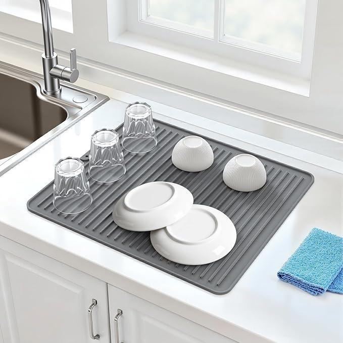 Songrey 18" x 16" Silicone Dish Drying Mat, Kitchen Counter Drying Pad for Sink Dishes or Under Rack, Multi-Use as Heat Resistant Trivet, Coffee Bar Mat