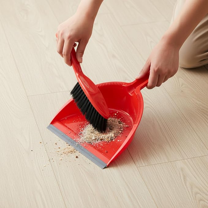 Condor Home Dustpan and Brush Set, Red Plastic Cleaning Tool With Long Handle, Heavy Duty Dust Pan With Soft Bristle Broom, 2-Pack