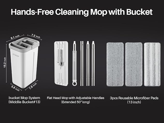JOYMOOP Wall Mop and Bucket Set, Hands-Free Flat Floor Mop with 3 Washable Microfiber Pads, Wet and Dry Use, Ideal for Home and Commercial Floor Cleaning