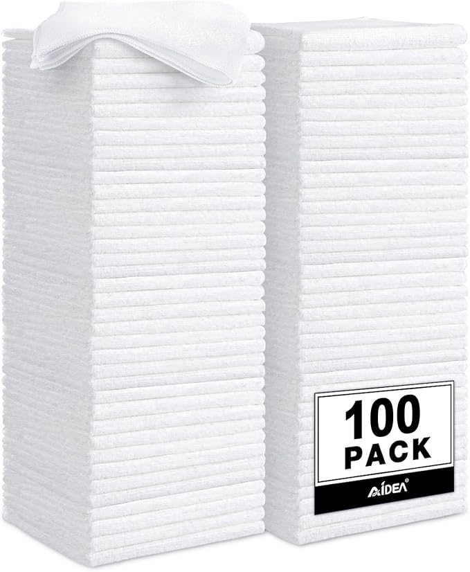 AIDEA Microfiber Cleaning Cloth White, 100PK, Cleaning Rags, 11.5"×11.5" | Microfiber Towels for Cars, Lint Free Cloth for House, Kitchen, White Shop Towels, Cleaning Supplies