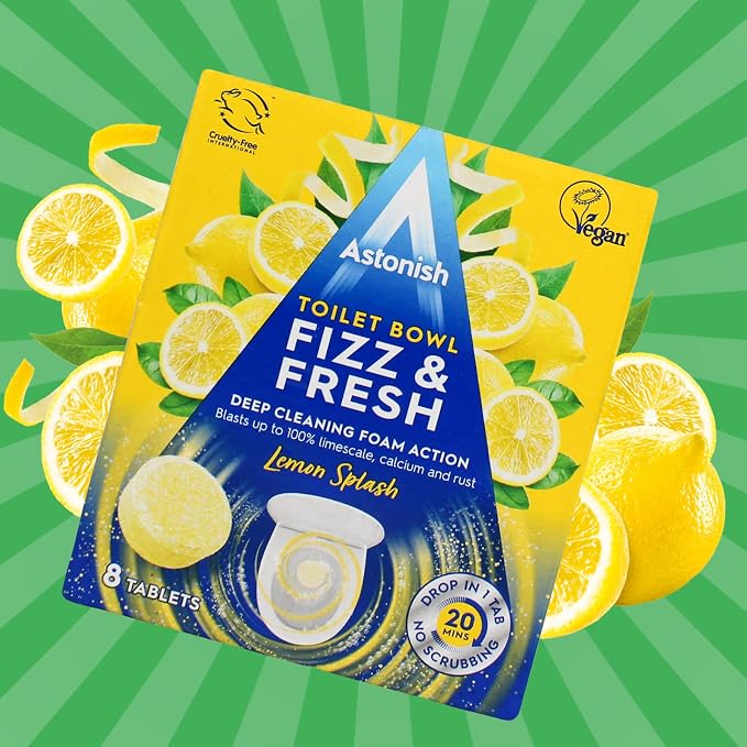 Astonish Foaming Lemon Splash Fizz & Fresh Bathroom Toilet Bowl Cleaner - Deep Cleaning Limescale, Calcium & Rust Stain Remover- No Spray Bottle Needed, Removes Hard to Reach Stains, 8 Tablets