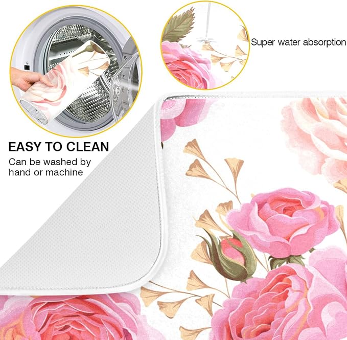 Absorbent Dish Drying Mat for Kitchen Counter - Floral Rose Pink Microfiber Drying Pad, Reversible Drainer Mats for Countertop, Lager 18 x 24 inch