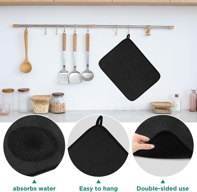 GeeRic Microfiber Dish Drying Mat, Super Absorbent Kitchen Dish Drying Pad, Reversible for Countertop, 12*16 inch Black