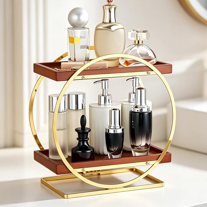 2-Tier Bathroom Counter Organizer, Wood Bathroom Organizer for Vanity Makeup Skincare Cologne Storage, Bamboo Perfume Organizer for Dresser, Countertop Shelf for Bathroom Kitchen, Gold & Brown