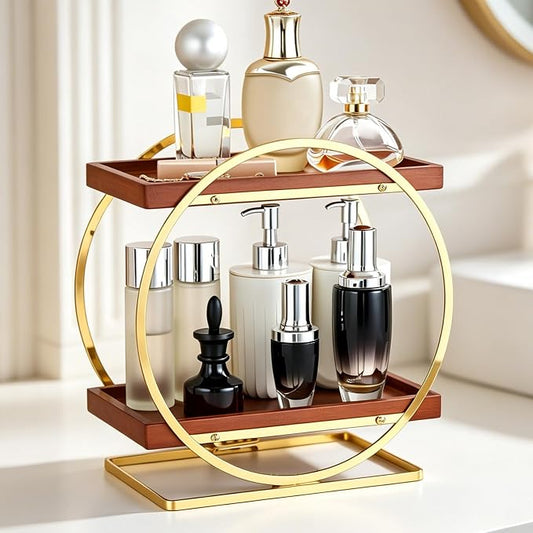 2-Tier Bathroom Counter Organizer, Wood Bathroom Organizer for Vanity Makeup Skincare Cologne Storage, Bamboo Perfume Organizer for Dresser, Countertop Shelf for Bathroom Kitchen, Gold & Brown