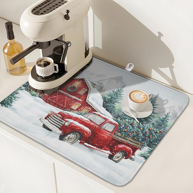 Winter Snowscape Dish Drying Mat for Kitchen Counter Christmas Red Truck Trees Dish Drainer Mat Xmas Holiday Rustic Farmhouse Absorbent Washable Drying Pad 16"x18"