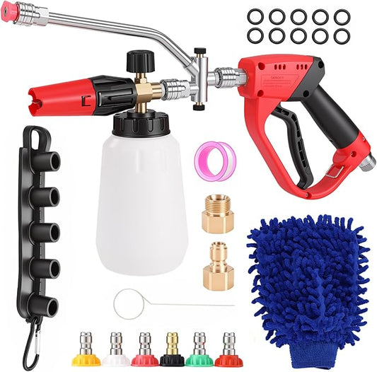Foam Cannon for Pressure Washer, 5000 Psi, 1L, 6 Nozzles | 2-In-1 Foam And Rinse, Dual Connector, Adjustable Foam Output, 1/4" Quick Connect, Rust-Resistant Build