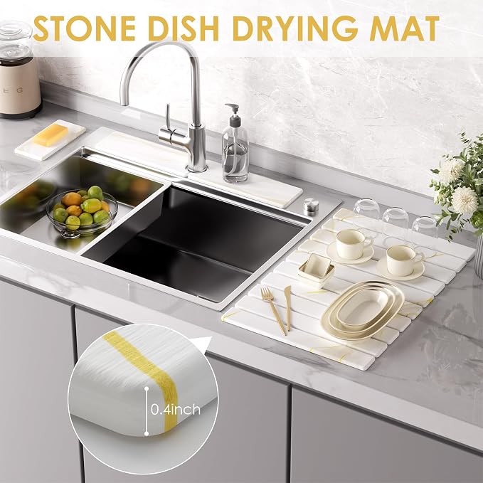 4-Piece Large Stone Dish Drying Mat for Kitchen Counter, 24"x16" Super Absorbent Diatomaceous Earth Drying Mat Set with Faucet Mat & Small Utility Mat, Rollable Quick Dry Pad for Dishes, Cups, Bottles