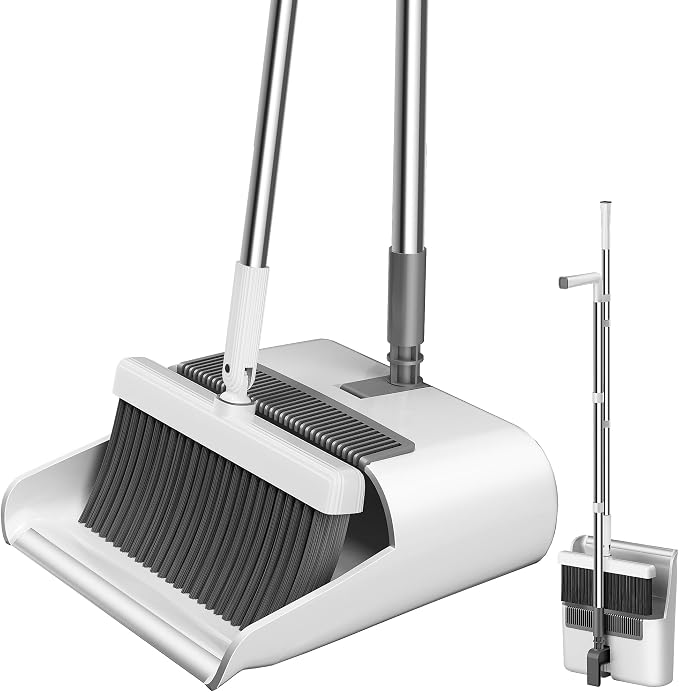 Household 53'' Broom and Dustpan Combo Set, Extra Long Handle Broom and ZeroGap Dustpan Sets with Teeth, Upright Storage Broom and Dustpan Sets for Home and Kitchen Off White