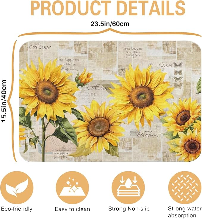 Sunflower Kitchen Countertop Dish Drying Mat,Super Absorbent Coffee Bar Mat for Maker Espresso Machine, Anti-Slip Accessories for Kitchen Countertops 23x15 Inch