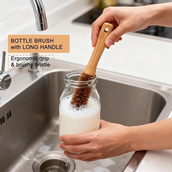 4 Piece Bamboo Dish Brush Set - Bamboo Dish Bottle Brush with Sisal, Dish Scrubber for Kitchen Cleaning Dishes, Pots, Pans