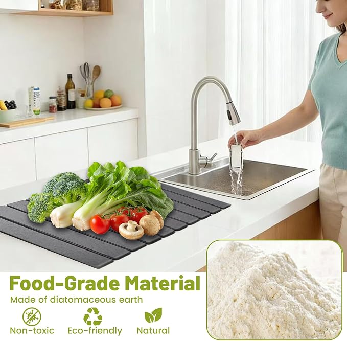 Large Stone Dish Drying Mat for Kitchen Counter, 24"x16" Collapsible Quick Dry Stone Dishes Mats, Water Absorbent Diatomaceous Earth Mats for Bottles Cups Dishes, Match Any Countertop