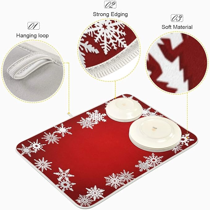Super Absorbent Dish Drying Mat, Microfiber Fast-Drying Dish Mat, 24" x 18", Kitchen Dish Drying Pad, Watercolor Cute (Christmas Snowflake Abstract)