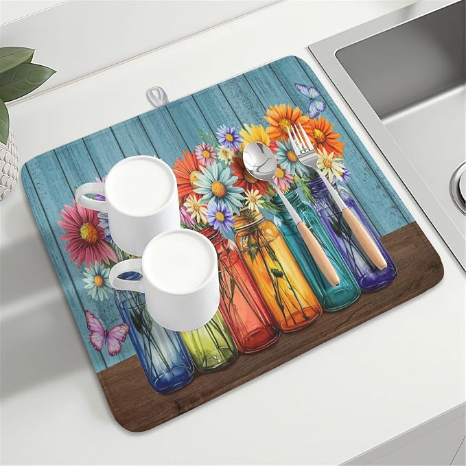 Vintage Floral Dish Drying Mat for Kitchen Counter Rustic Flower Vases Wooden Board Microfiber Dish Drainer Mat Spring Summer Absorbent Washable Drying Pad 16"x18"