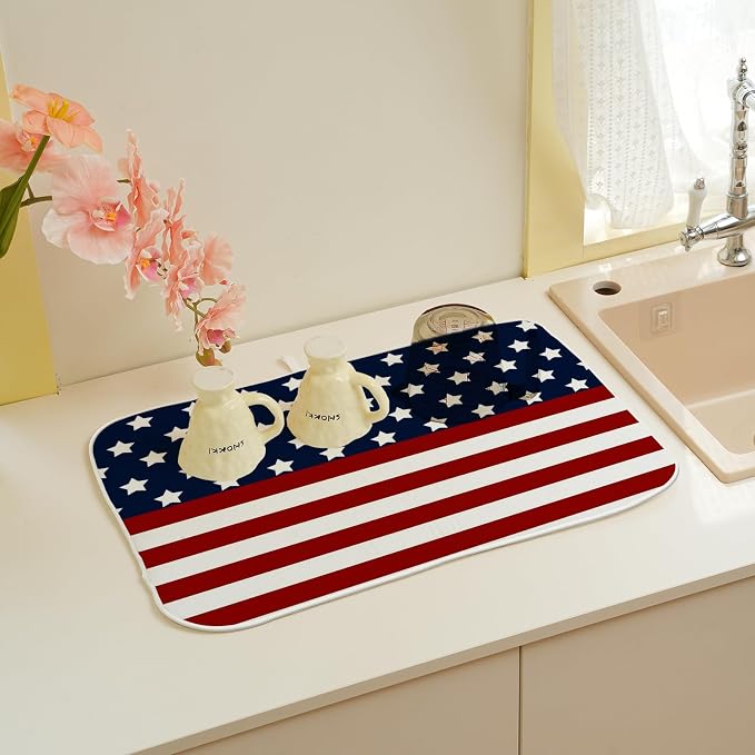 4th of July Dish Drying Mat 18x24 Inch Navy Blue Red Flag Stars Patriotic Drying Mat Independence Day Memorial Day Absorbent Dish Drying Pad Dish Rack Drainer Mats for Kitchen Dining Counter